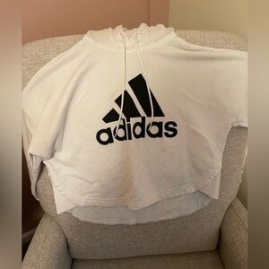 Adidas White and Black Logo Crop Hoodie